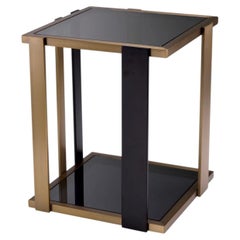 Square Side Table in Smoked Glass and Brushed Brass Finish, Contemporary Style