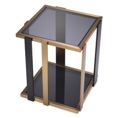 Square Side Table in Smoked Glass and Brushed Brass Finish, Contemporary Style