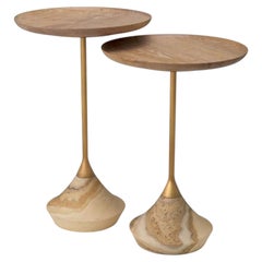 Set of Two Contemporary Natural Oak and Brass Side Tables