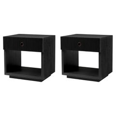 Pair of Contemporary Charcoal Oak Nightstand with Bronze Finish