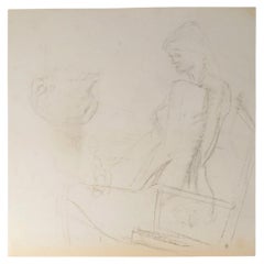 Drawing on Paper Depicting a Young Woman Sitting, 20th Century.