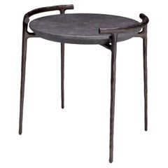Round Side Table in Grey Marble with Hammered Bronze Finish Legs