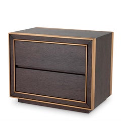 Pair of Nightstands in Brown Oak Veneer and Brass Trim, Art Deco Style