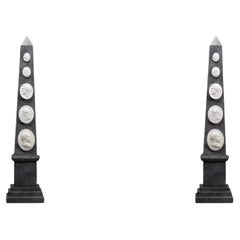 Pair of Large Contemporary Black Patinated Obelisk with Cameo Engravings