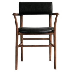 Contemporary Brown Oak and Black Aniline Leather Dining Chair