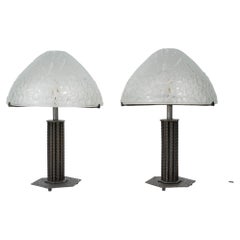 Pair of Vintage Art Deco Lamps Made of Wrought Iron and Molded Glass, Circa 1930