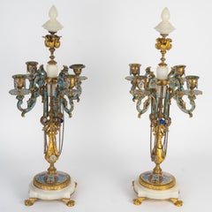 Pair of Gilded Bronze Candelabra With Cloisonné and Onyx, 19th Century.