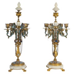 Pair of Gilded Bronze Candelabra With Cloisonné and Onyx, 19th Century.