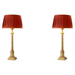 Pair of Small Antique Brass and Orange Fabric Table Lamp