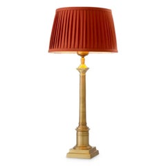 Pair of Small Antique Brass and Orange Fabric Table Lamp