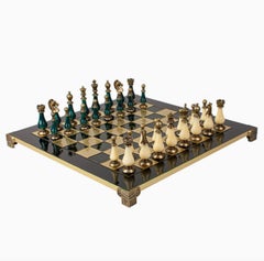 Handcrafted Chess game Set, Green and Ivory Pieces, Contemporary