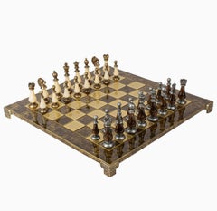 Staunton Chess Set, Brown & Ivory, Brass Board, Contemporary