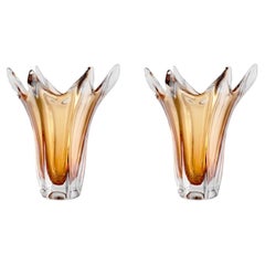 Pair of Yellow Hand-Blown Glass Vases, Timeless Design.