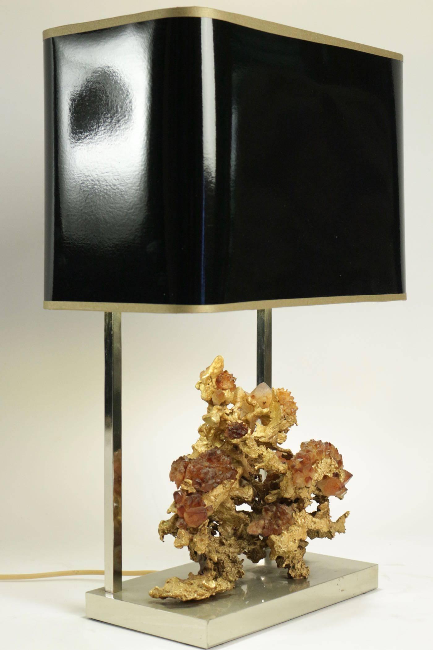 Gold Gilt Bronze Lamp with Rock Crystal from the 1970s 3