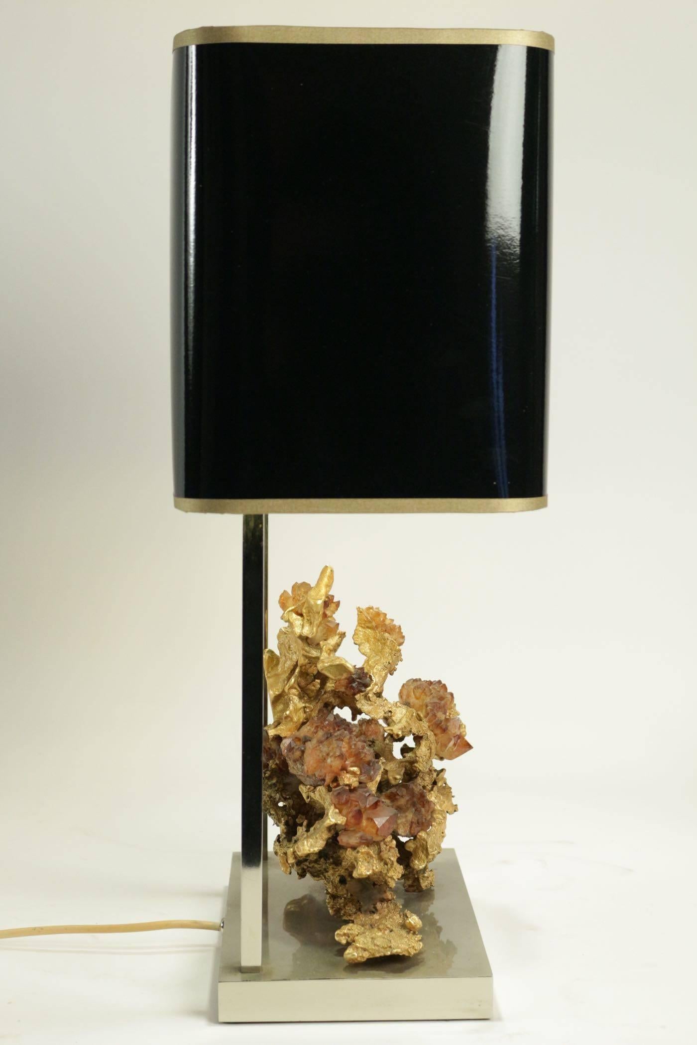 Gold Gilt Bronze Lamp with Rock Crystal from the 1970s 4