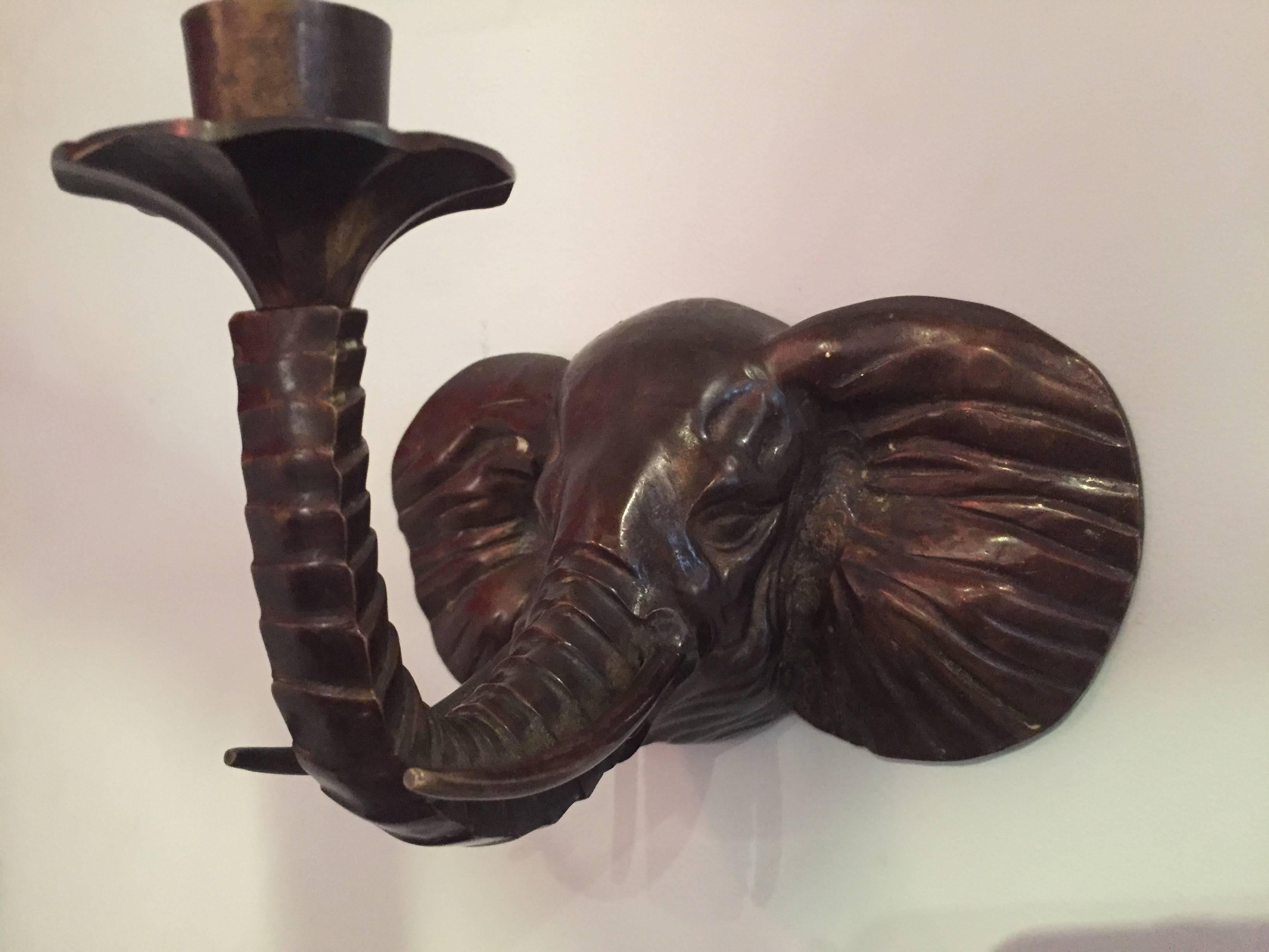 Cast Pair of French Bronze Elephant Wall-Mounted Candlesticks