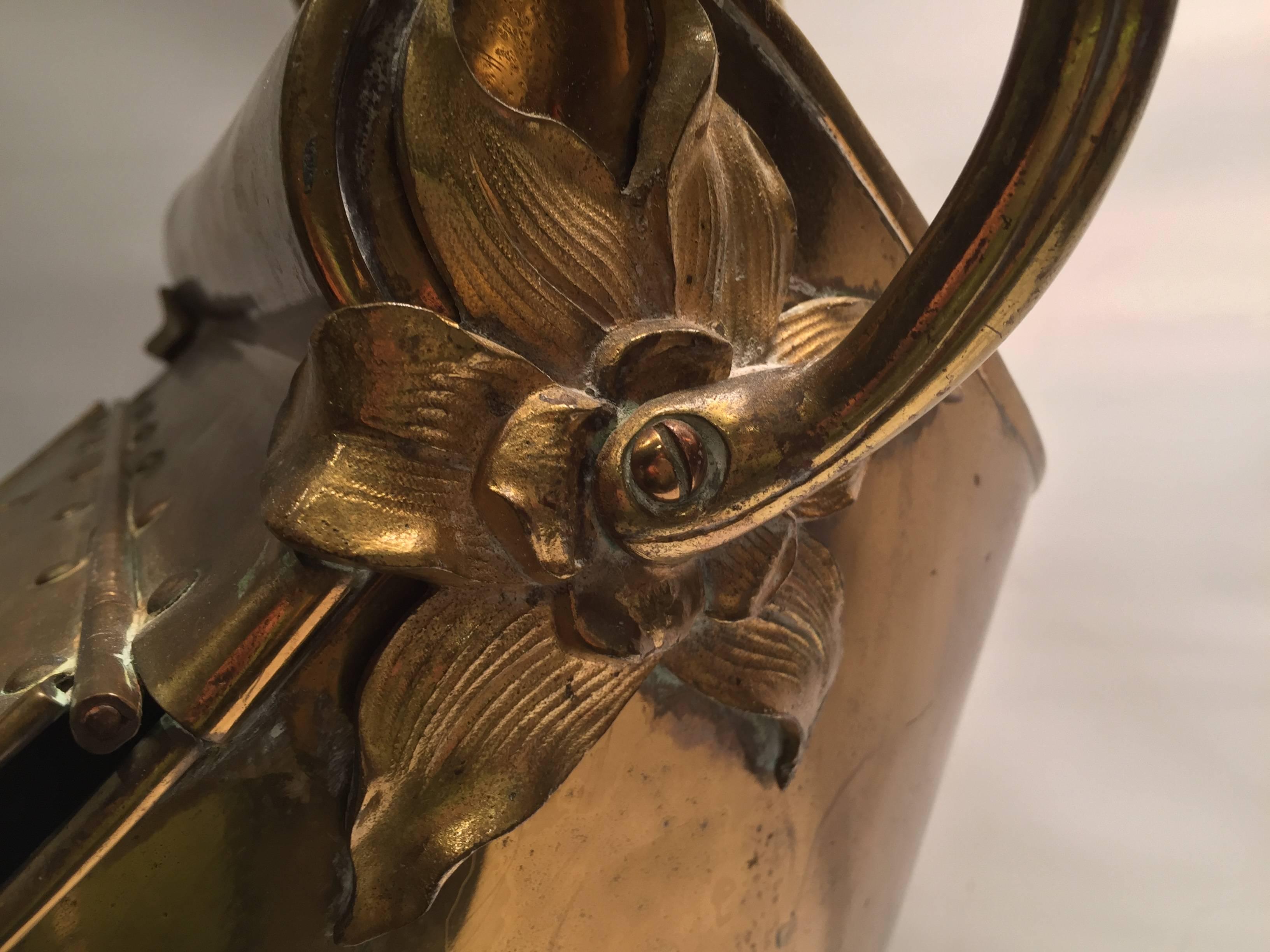Early 20th Century Antique Brass Art Nouveau Coal Scuttle with Shovel