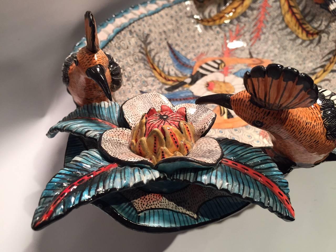 Hoopoe dish AAA, ceramic sculpture by Ardmore from South Africa. Sculpted by Octavia Mazibuko, painted by Thembi Kikala measures 24
