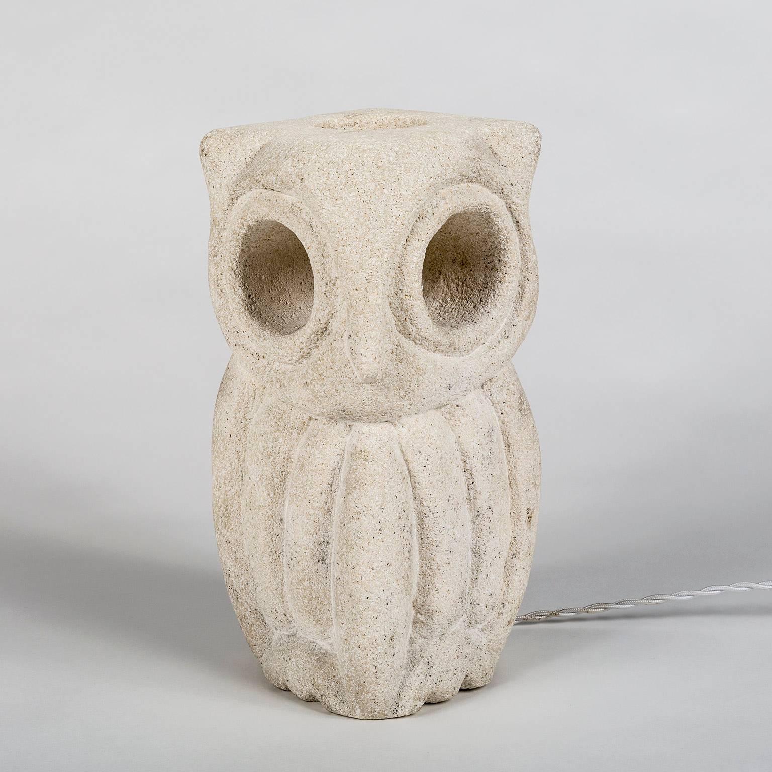 Lantern owl lamp sculpted in limestone by Albert Tormos in France during the 1970s and signed with initials AT. The lamp is electrified, the bulb being within the carved owl allowing the light to emanate from the eyes.