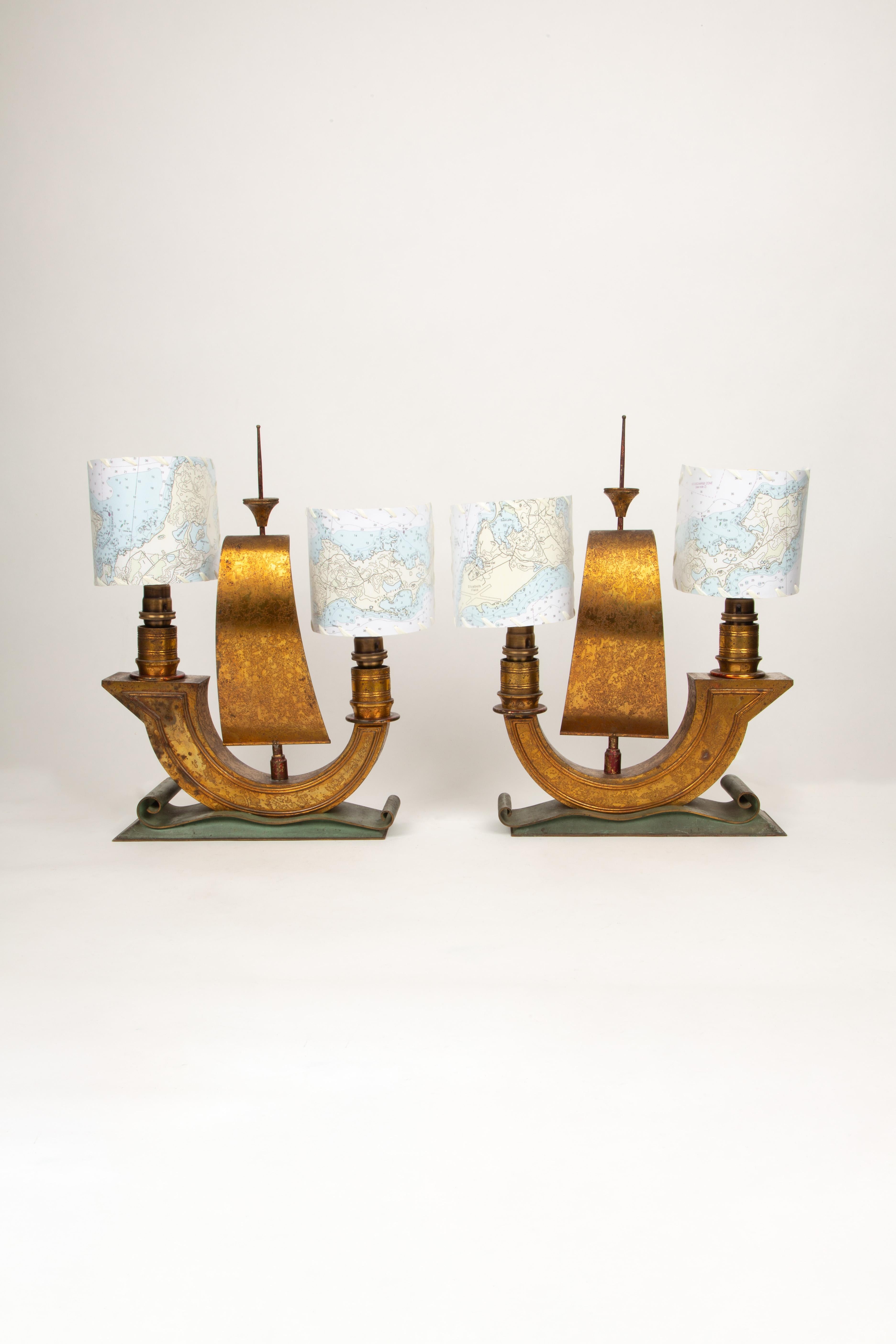 Mid-20th Century Golden Sails Afloat: Pair of French Art Déco Galleon Ship Lamps, 1940s For Sale