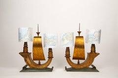 Golden Sails Afloat: Pair of French Art Déco Galleon Ship Lamps, 1940s