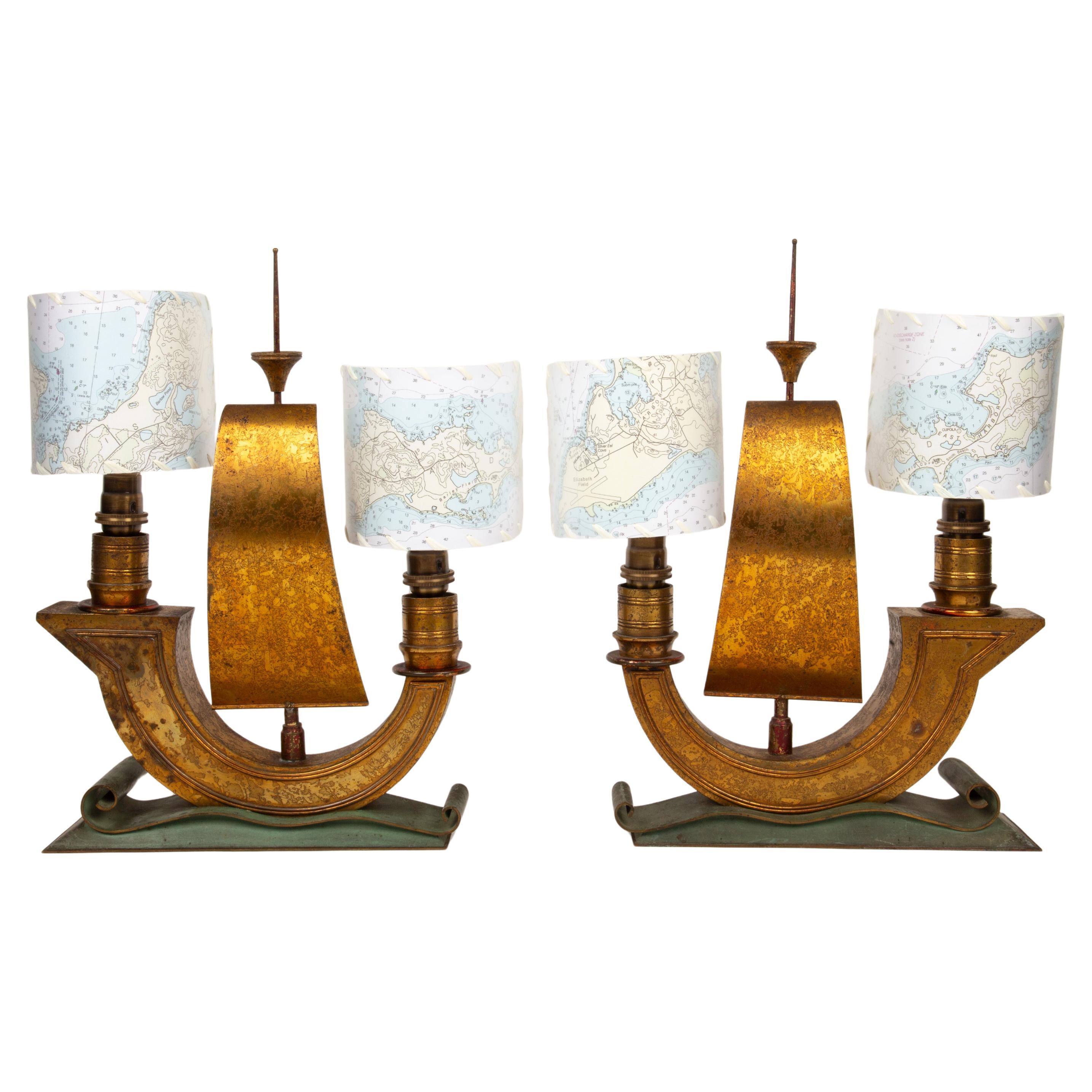Golden Sails Afloat: Pair of French Art Déco Galleon Ship Lamps, 1940s For Sale