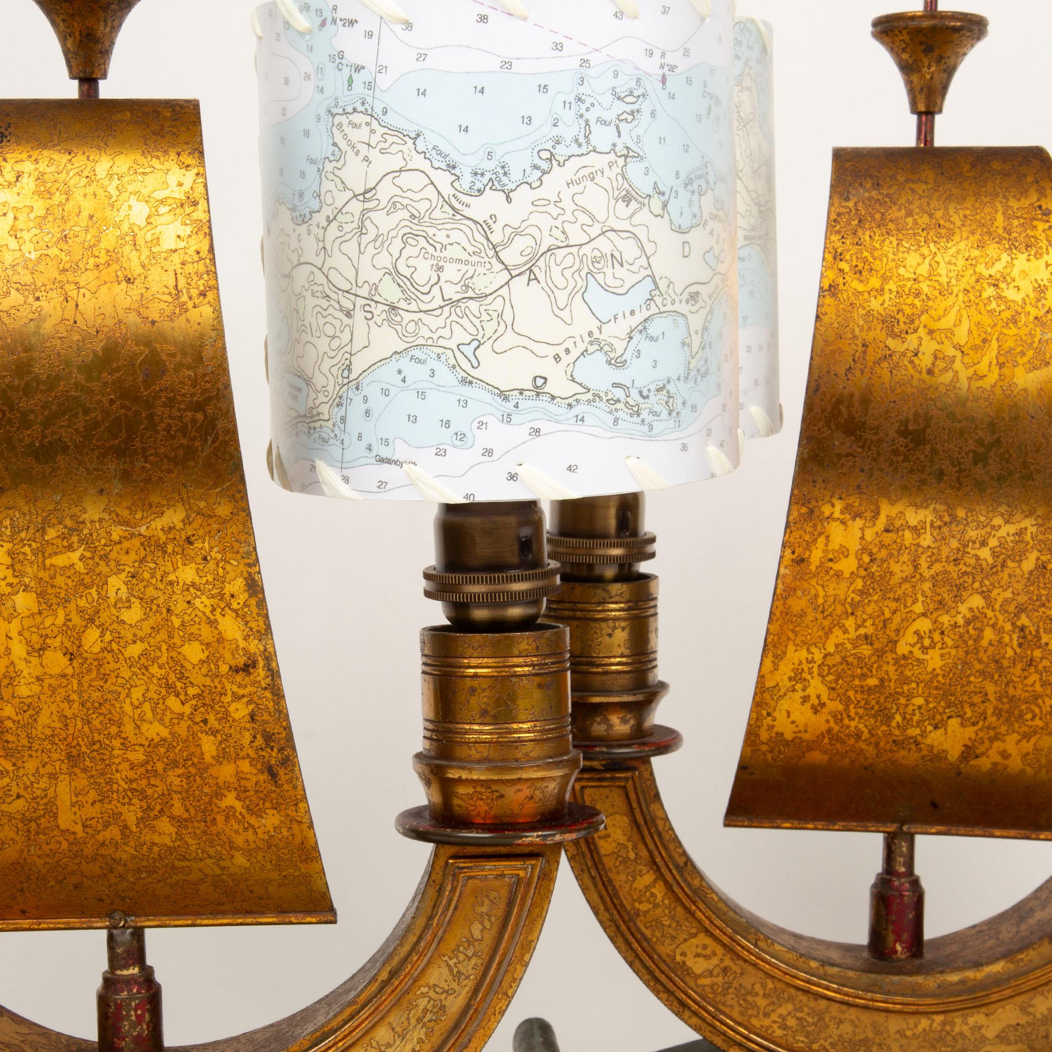 Art Deco Golden Sails Afloat: Pair of French Art Déco Galleon Ship Lamps, 1940s For Sale