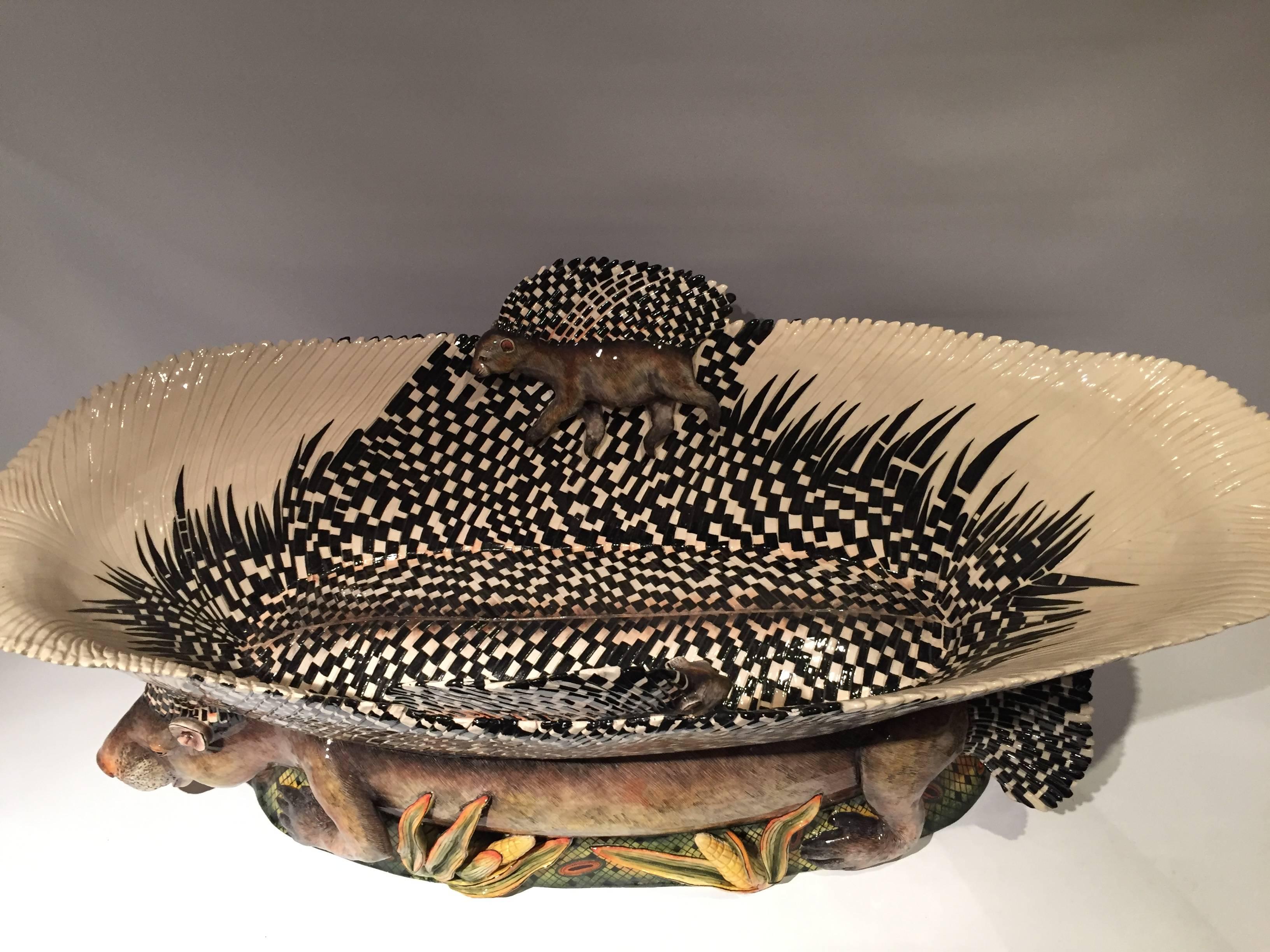 Contemporary Large Porcupine Bowl, Ceramic Centerpiece by Ardmore, South Africa