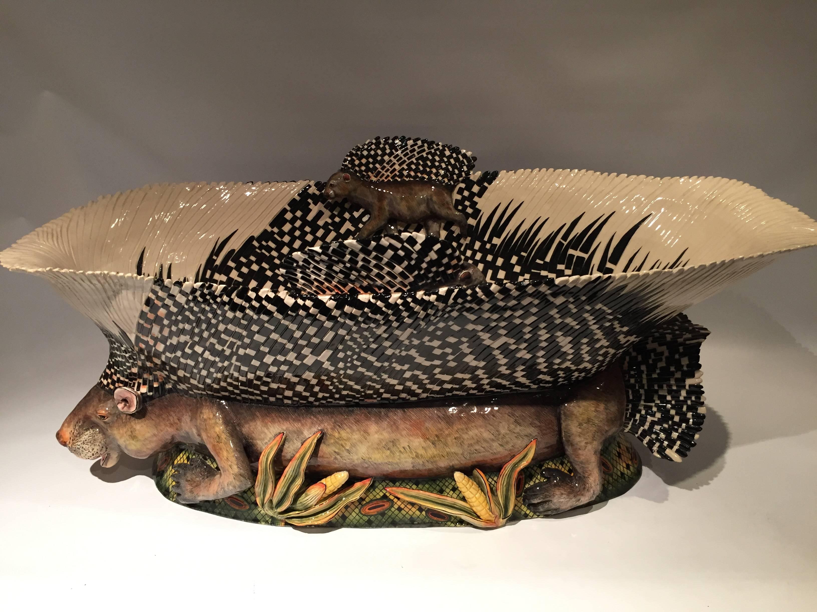 Large Porcupine Bowl, Ceramic Centerpiece by Ardmore, South Africa 1