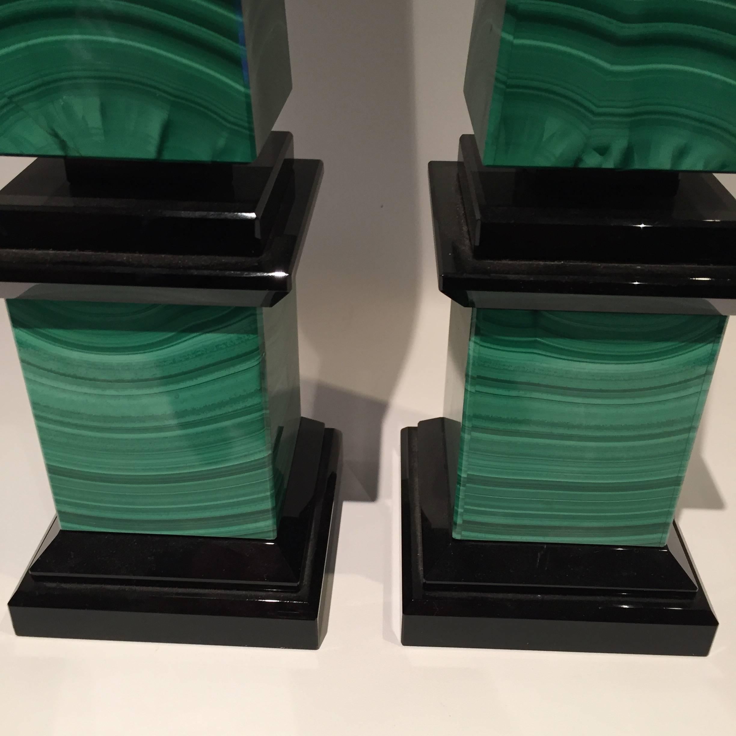 Pair of Italian Malachite and Obsidian Obelisks In Good Condition In New York, NY