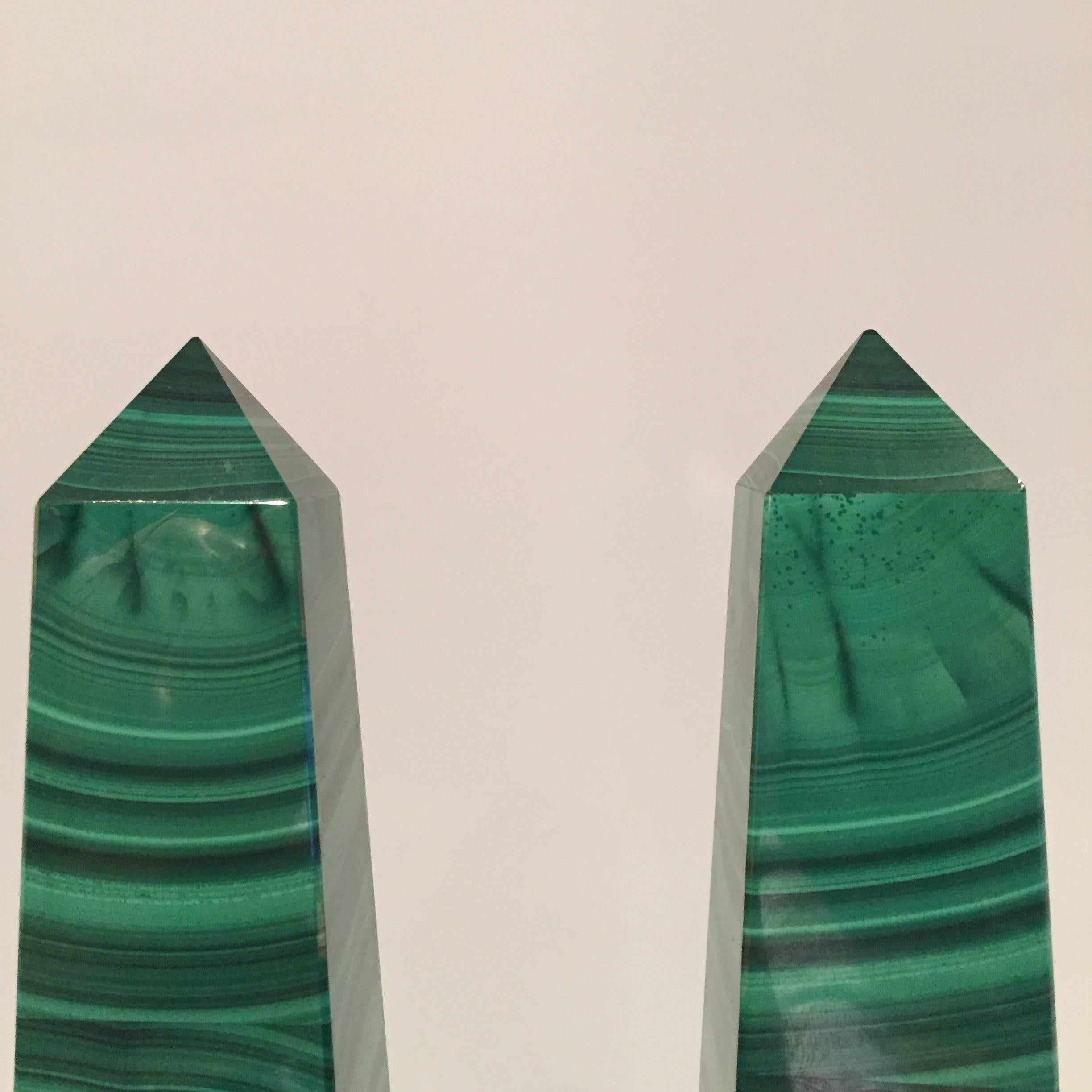 Beautiful pair of Italian Malachite and Obsidian Obelisks- It is rare to find such high quality malachite showcasing the beautiful banding and striations of the natural stone.  Obelisks were always an important object brought back by travelers on