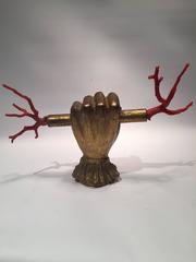 Italian Gilded Wooden Hand Clutching a Red Mediterranean Coral Lightning Staff