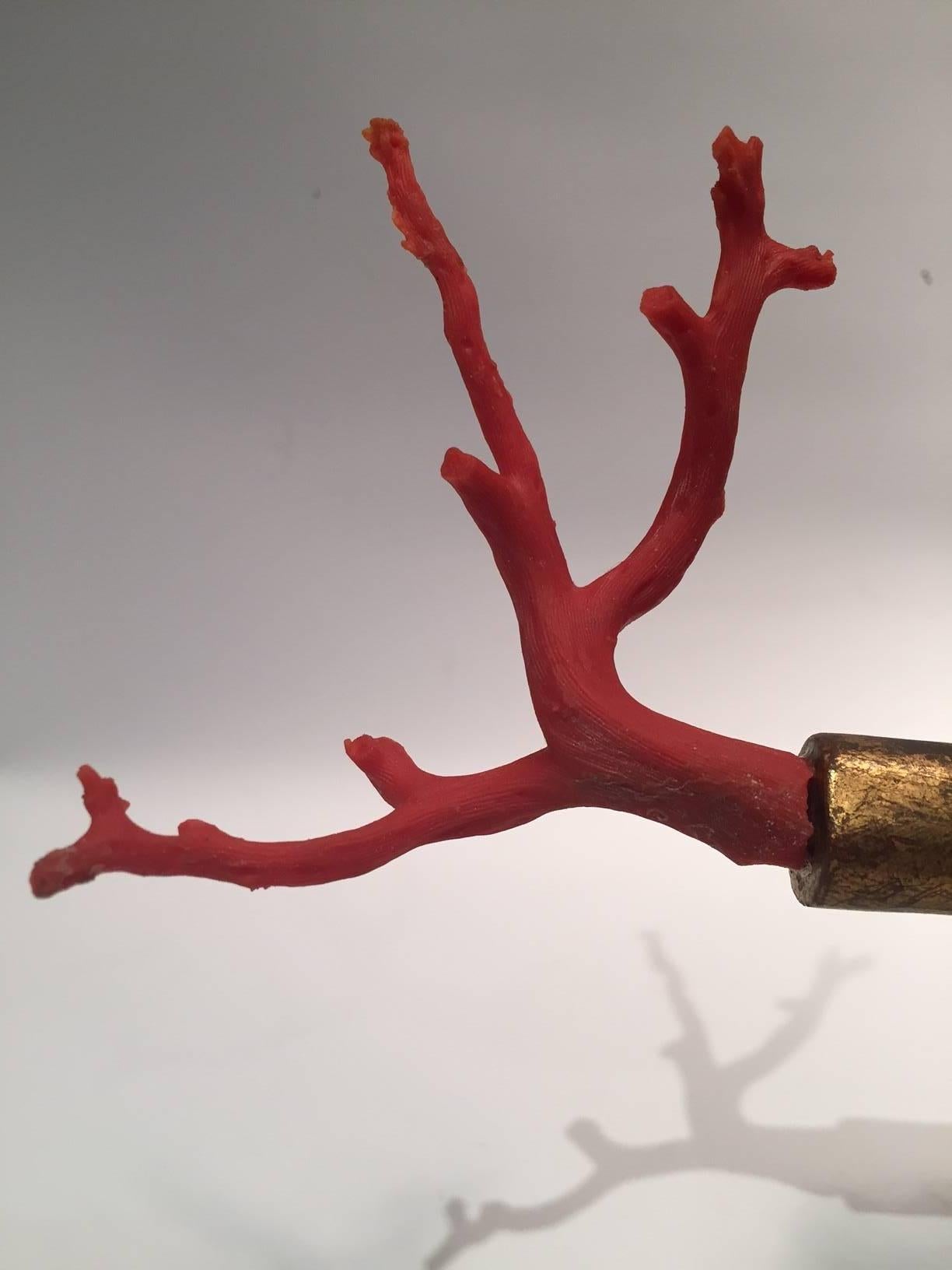 20th Century Italian Gilded Wooden Hand Clutching a Red Mediterranean Coral Lightning Staff