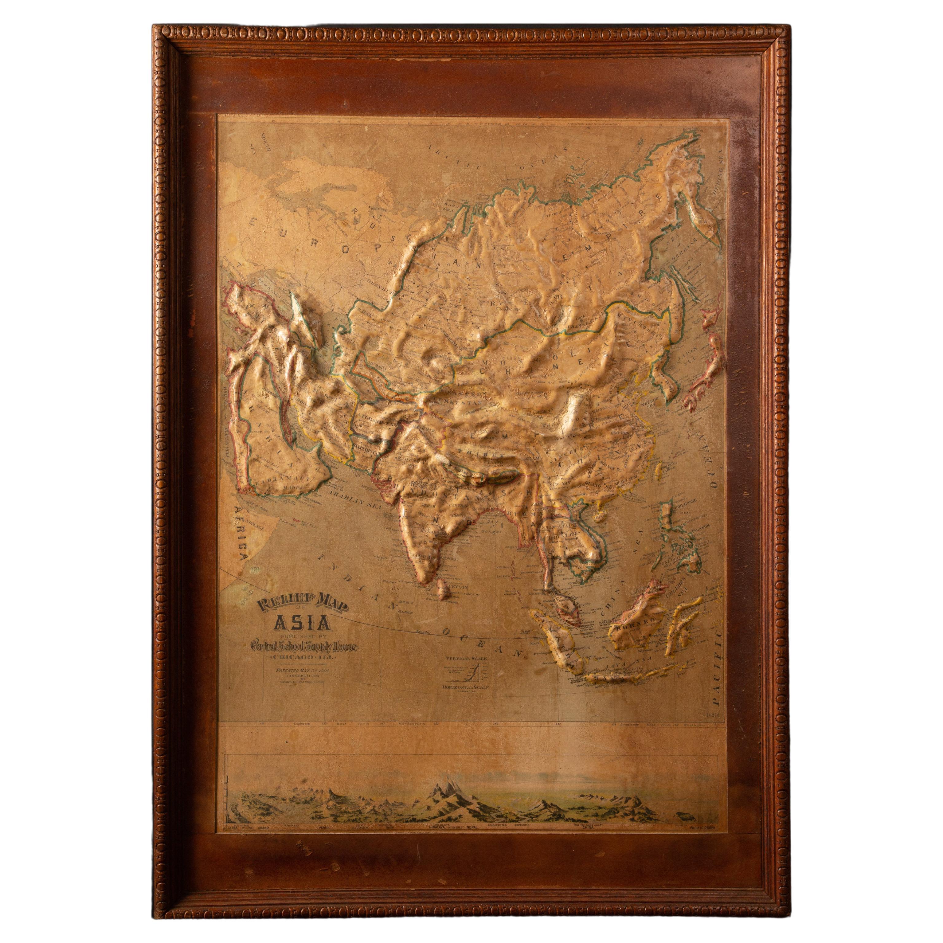 Early 20th C. Relief Maps: Asia Wood and Leather Frames 