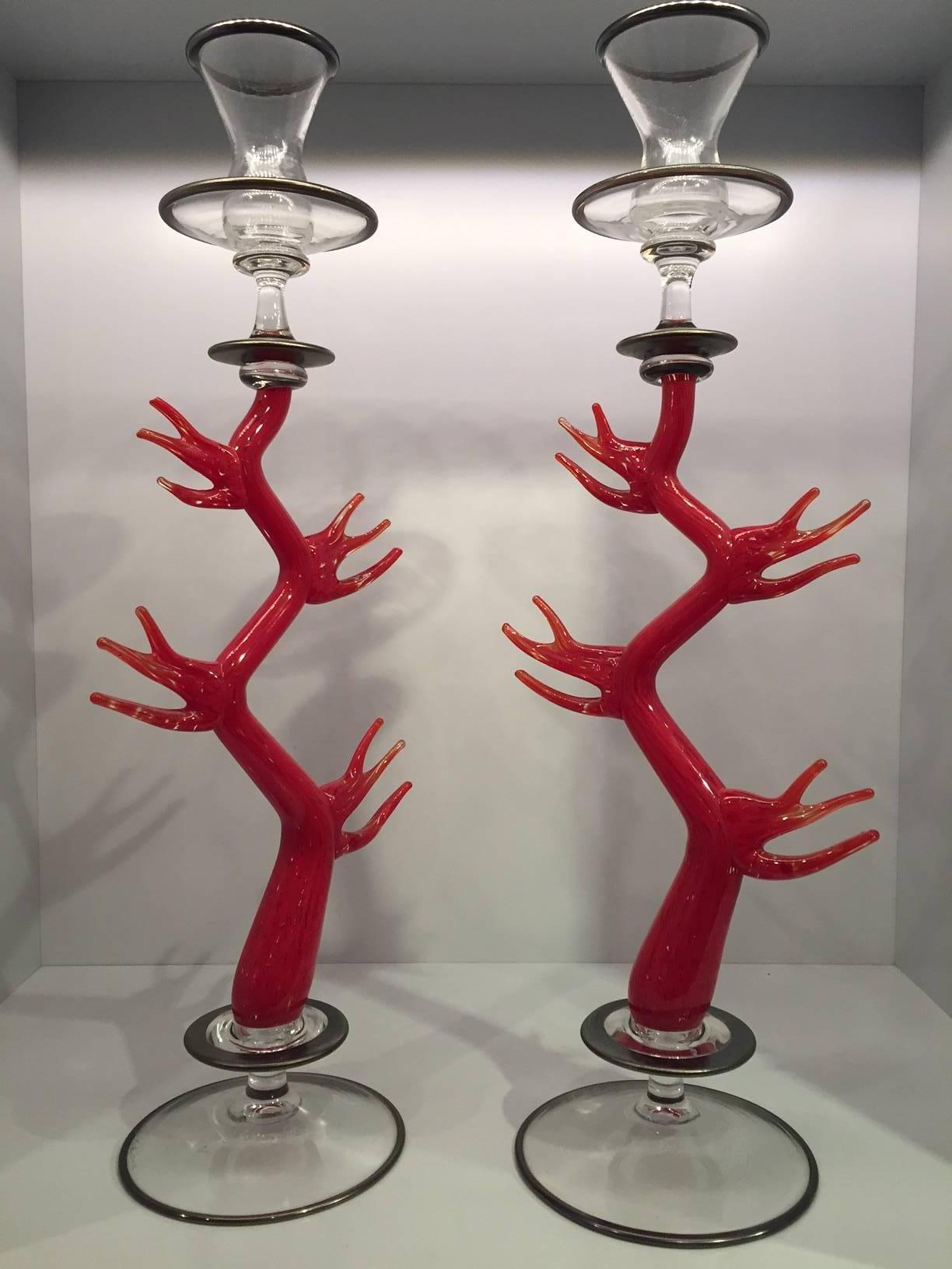 Beautiful pair of handblown glass red coral candlesticks. Amazing addition to any summer time table. Made exclusively in the USA for Creel and Gow.