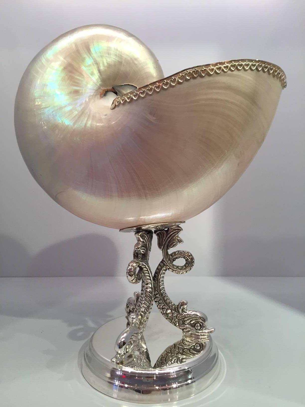 Contemporary Italian Sterling Silver-Mounted Creel and Gow Mother-of-pearl Nautilus Shell