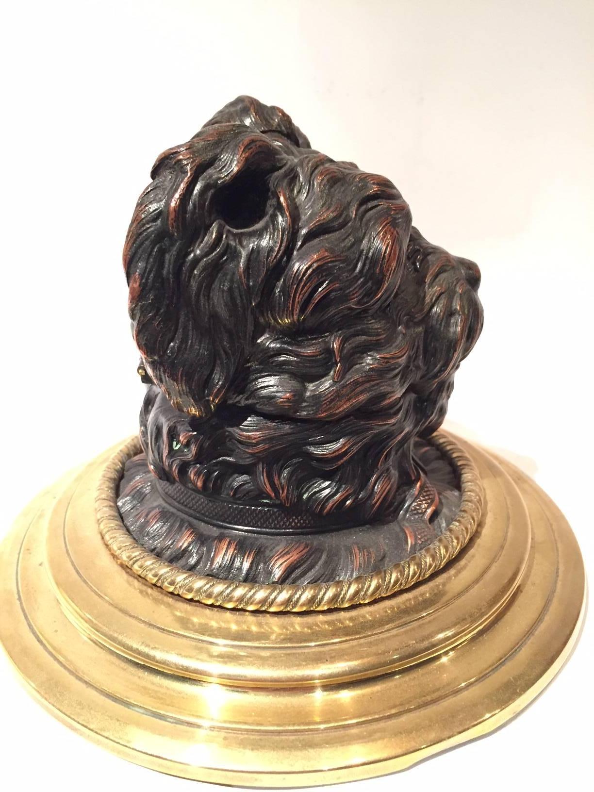Late 19th or Early 20th Century Yorkshire Terrier Dog Bronze French Inkwell In Good Condition In New York, NY