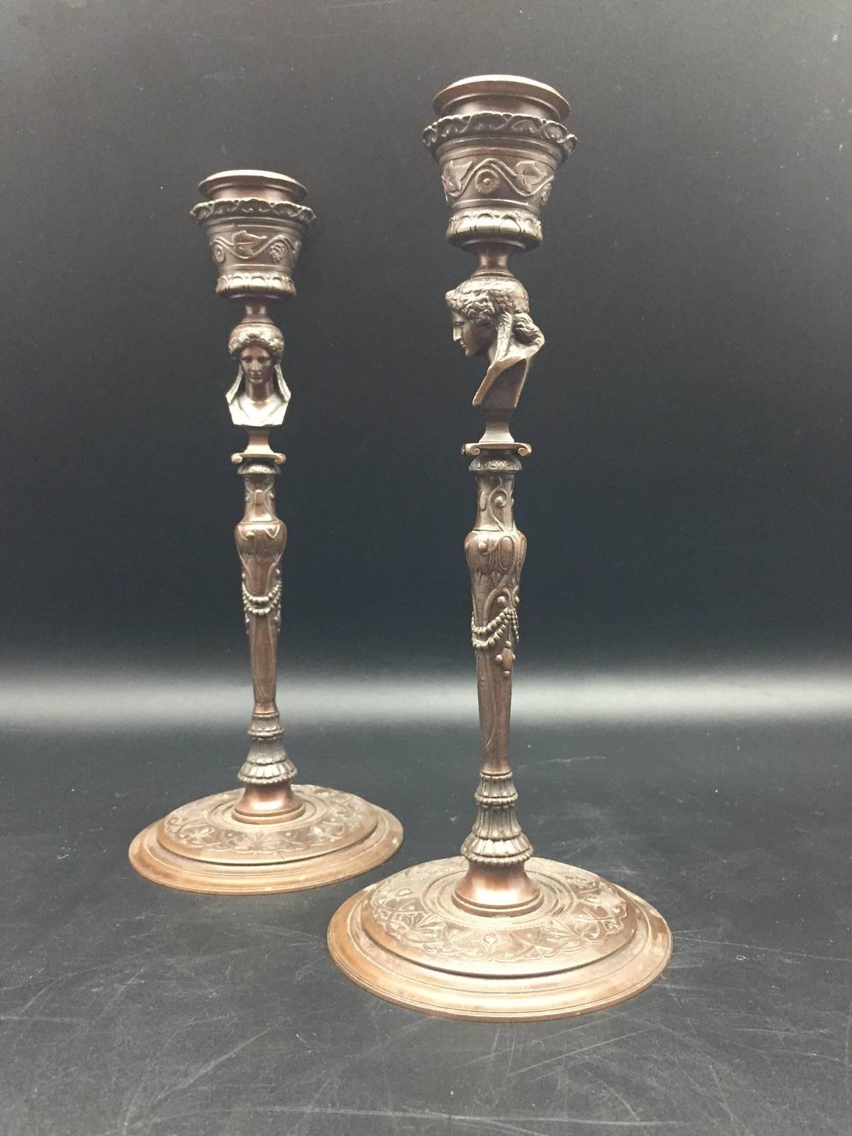 Grand Tour Pair of French 19th Century Bronze Barbedienne Candlesticks