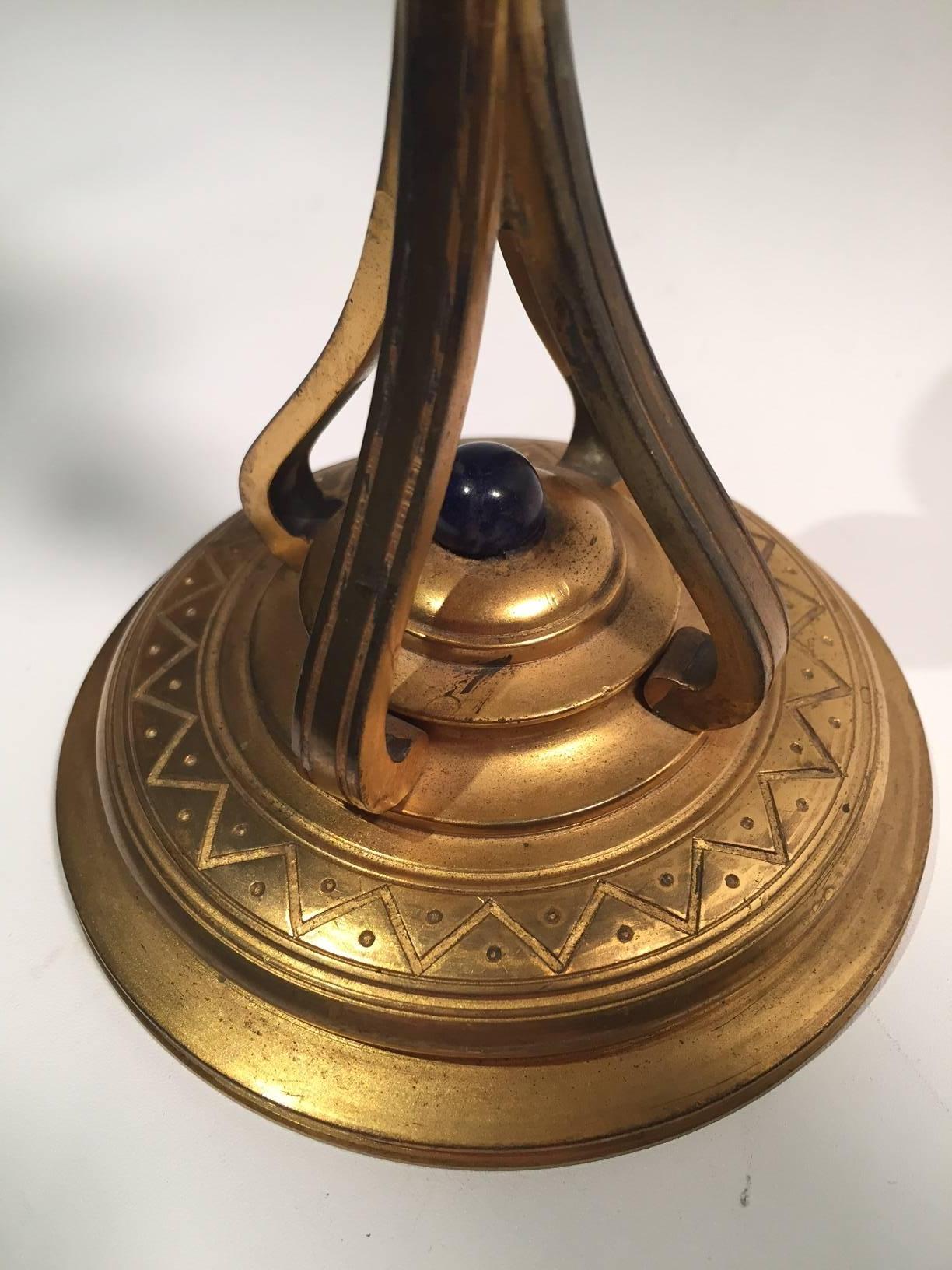 1890s Pair of Rare Art Nouveau French Bronze Gilded and Lapis Candlesticks In Good Condition In New York, NY