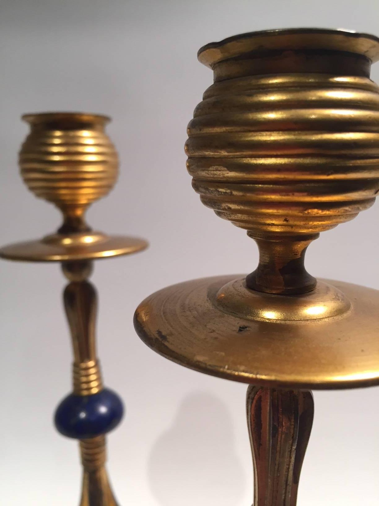 1890s Pair of Rare Art Nouveau French Bronze Gilded and Lapis Candlesticks 1