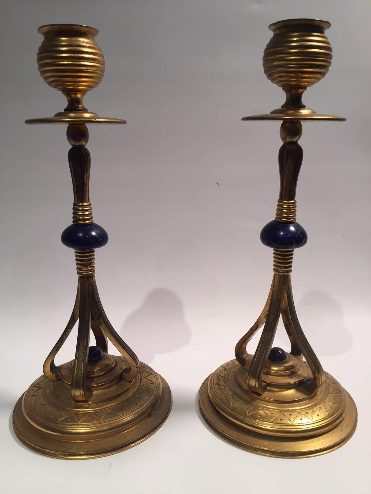 1890s Pair of Rare Art Nouveau French Bronze Gilded and Lapis Candlesticks 4