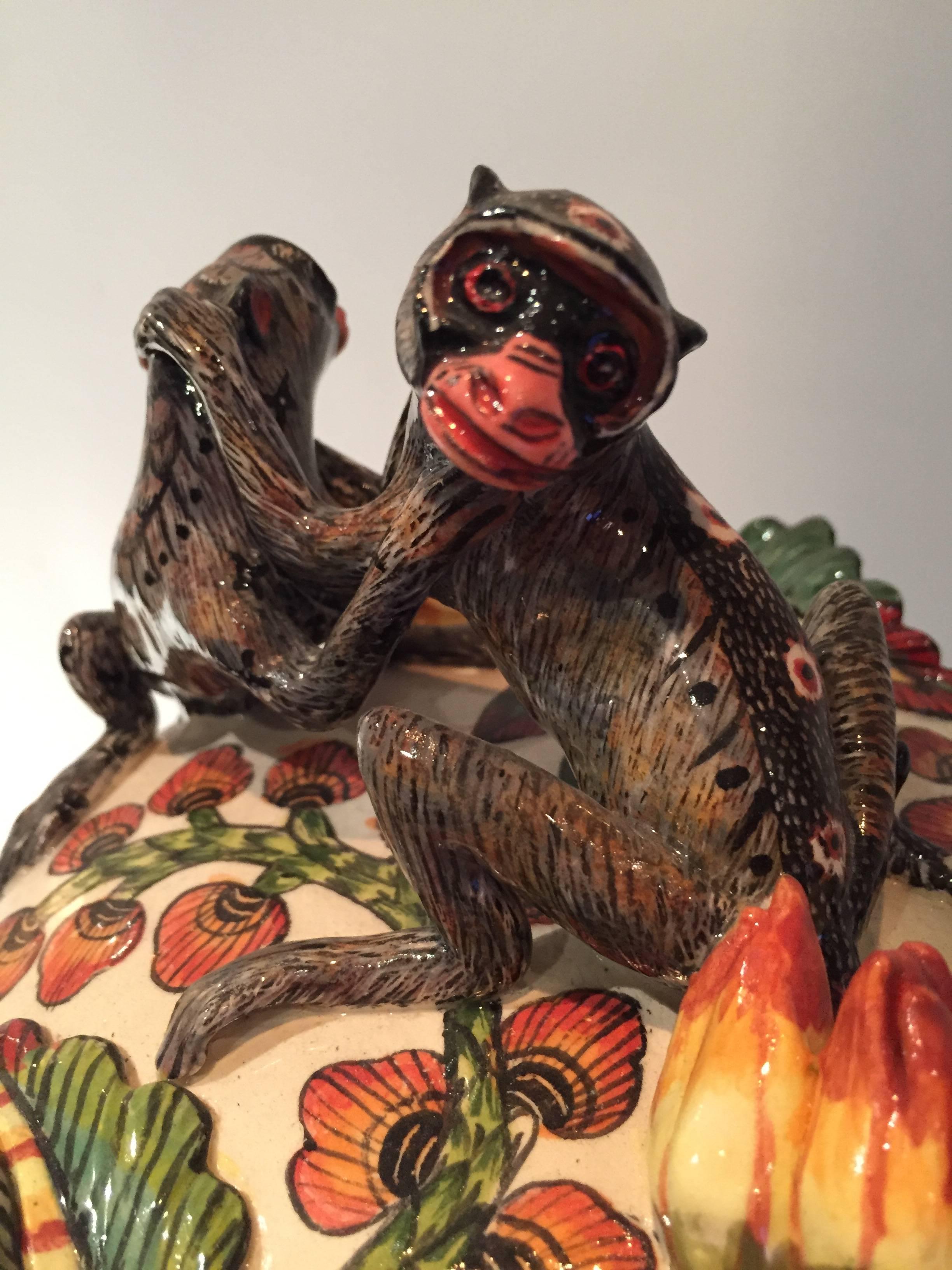 One of a kind monkey tureen, ceramic sculpture by Ardmore from South Africa. Sculpted by Qiniso Mungwe and George Manyathela, painted by Punch Shabalala. 

2016 is the year of the Monkey- 