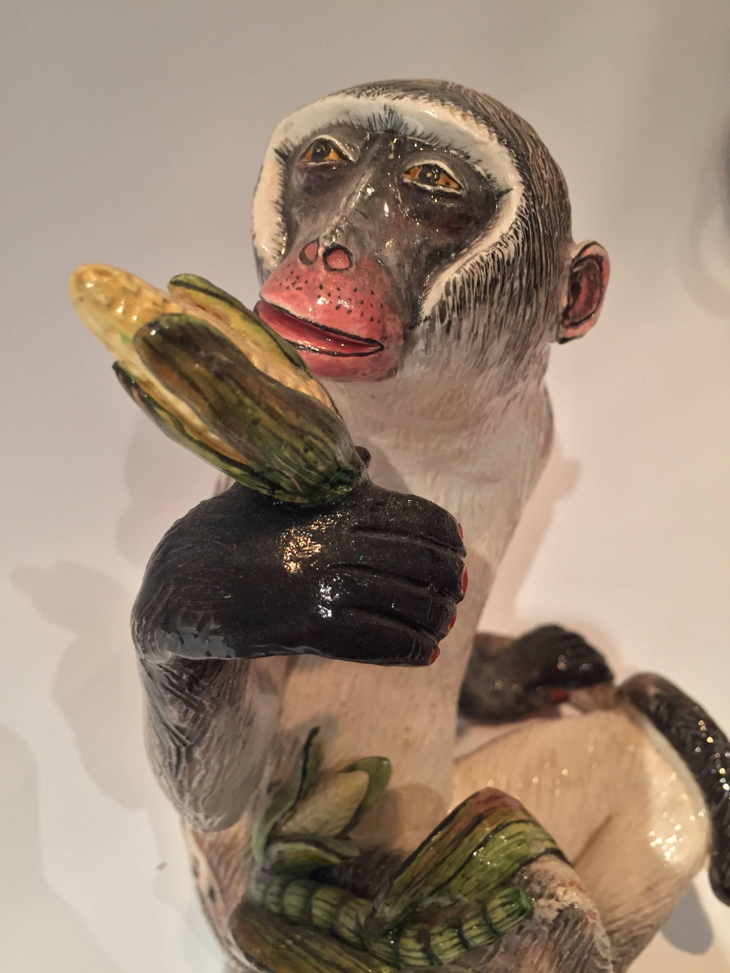 Folk Art Monkey with Corn Sculpture by Ardmore from South Africa