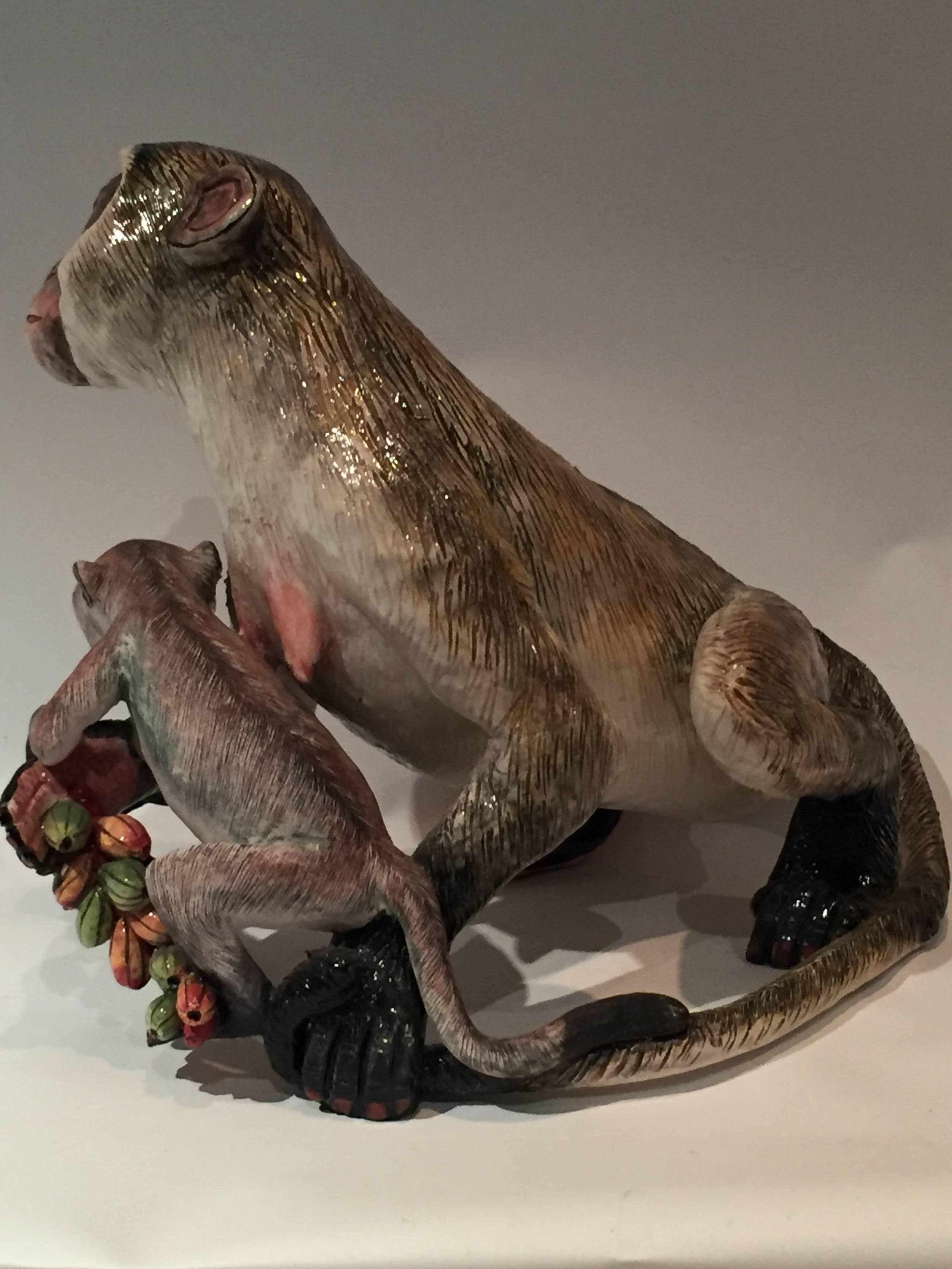 Folk Art Monkey Mother and Baby Ceramic Sculpture by Ardmore from South Africa