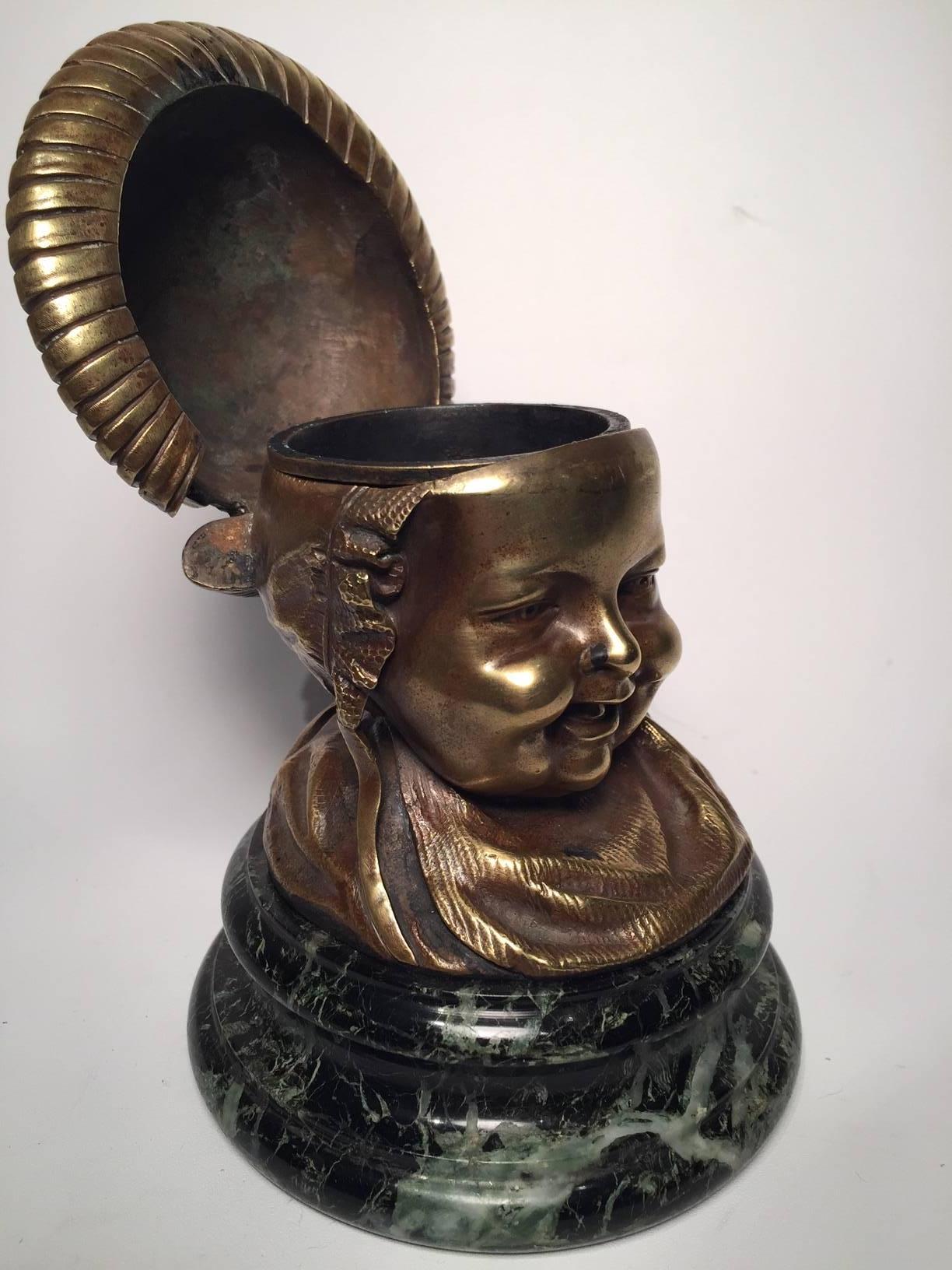19th Century French Bronze Inkwell of a Baby Wearing a Bonnet on a Marble Base In Good Condition In New York, NY