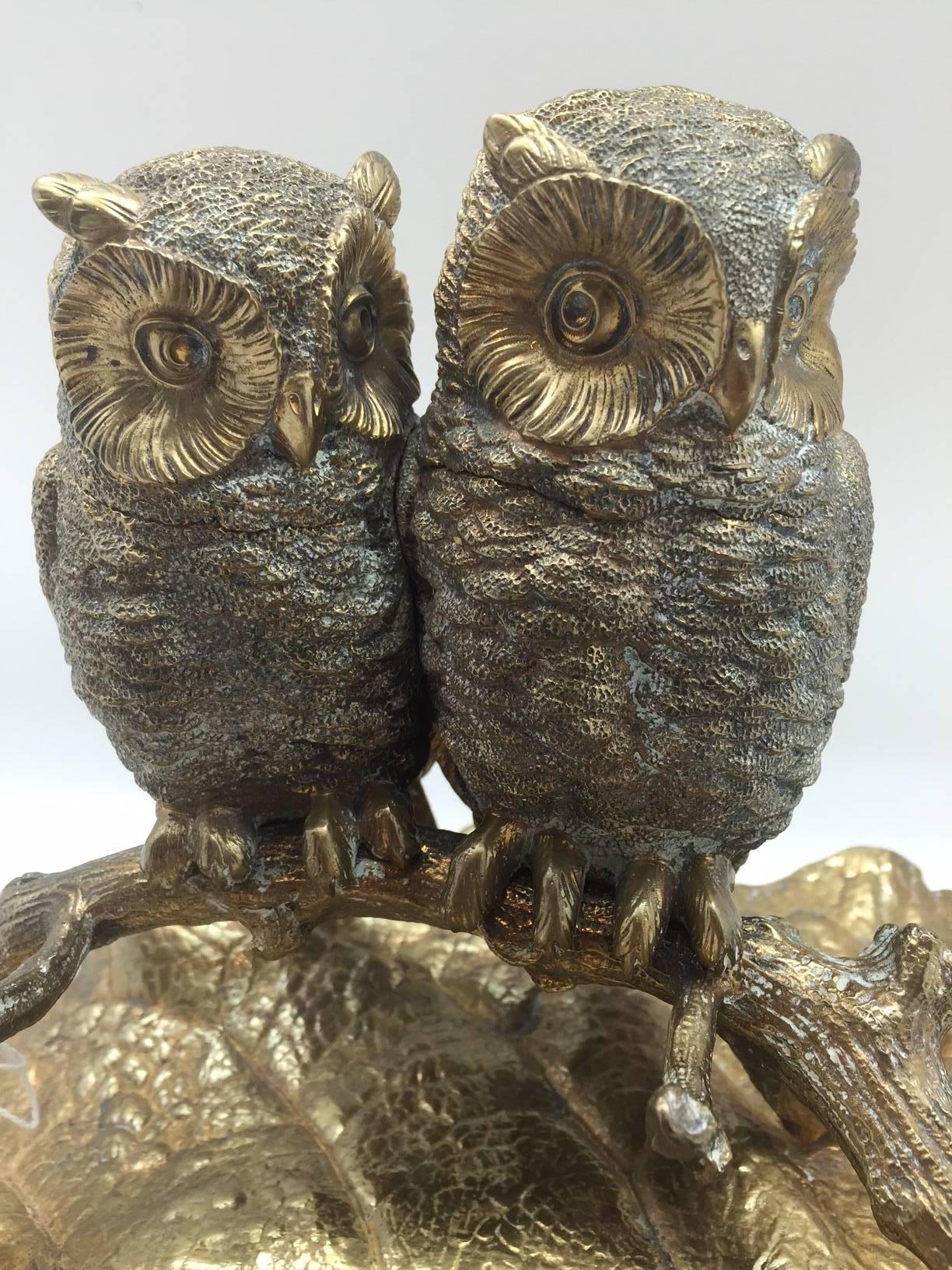 Napoleon III Large Detailed Early 20th Century Bronze Two Owl Inkwell 