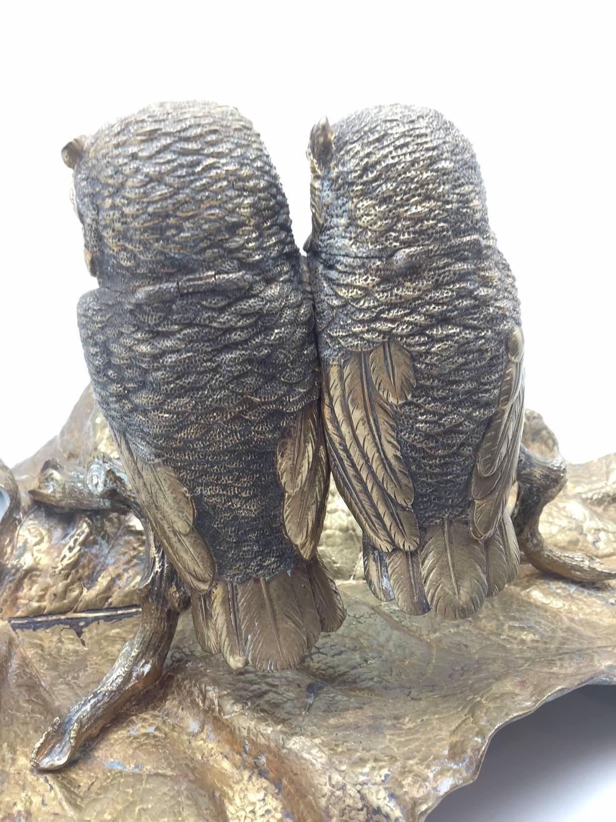 Large Detailed Early 20th Century Bronze Two Owl Inkwell  In Good Condition In New York, NY