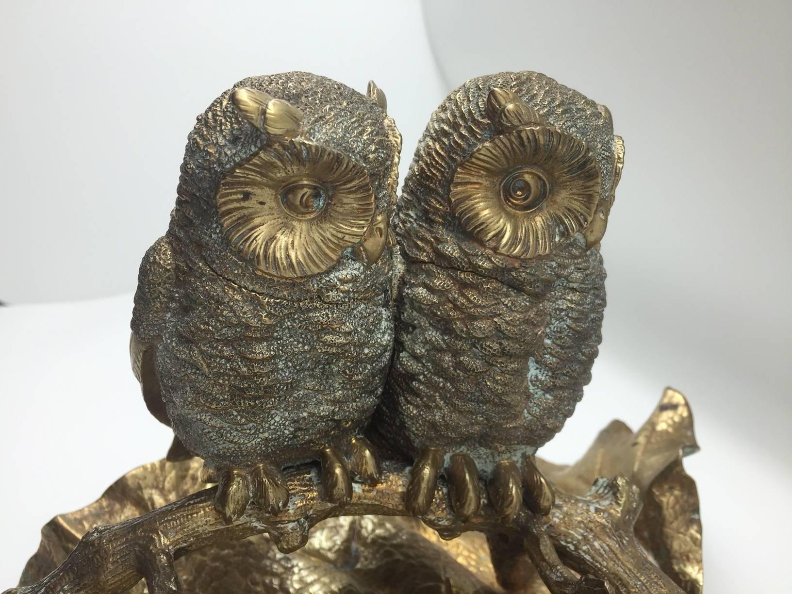 Large Detailed Early 20th Century Bronze Two Owl Inkwell  4
