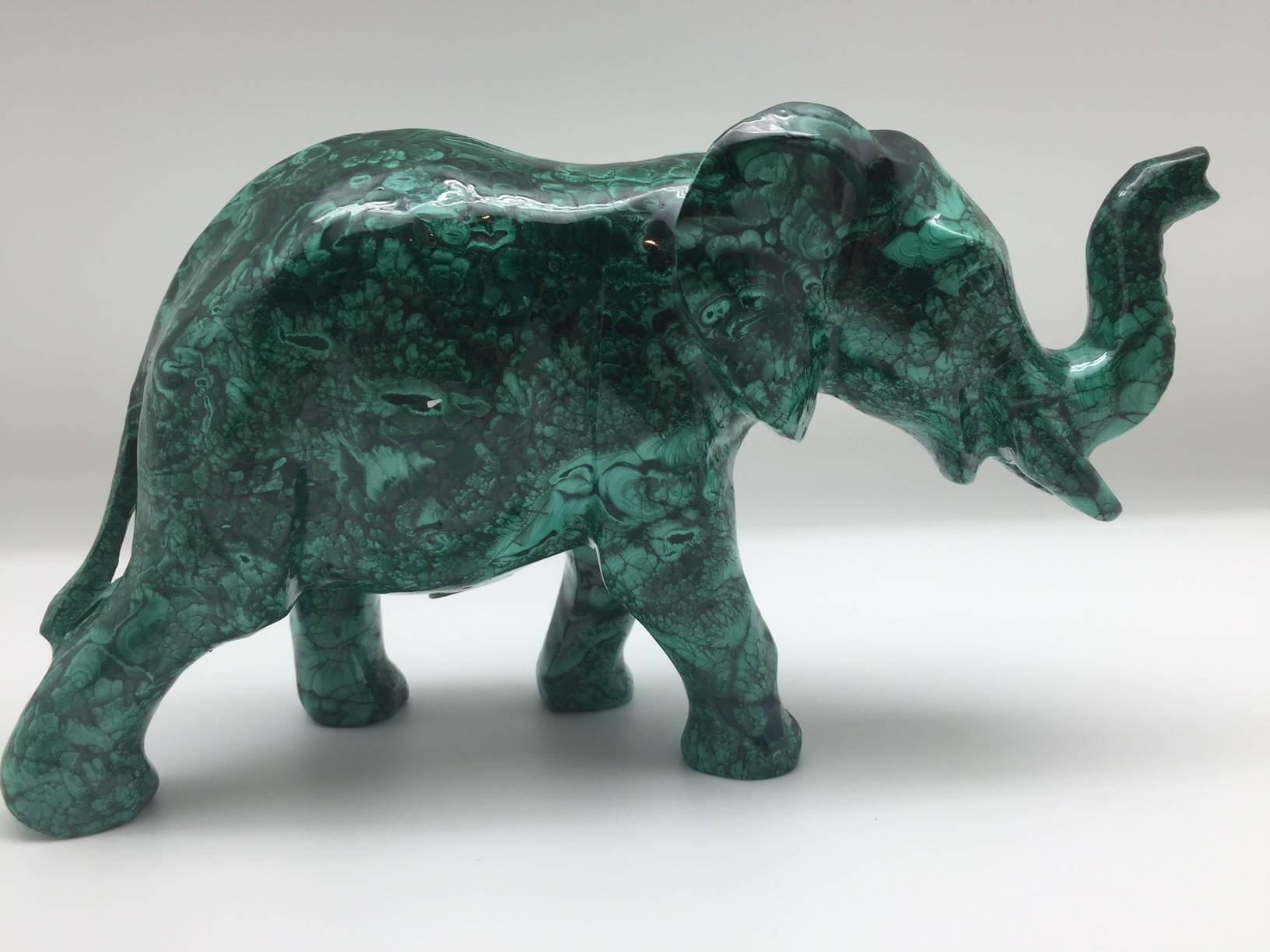 Congolese Very Large Solid Malachite Elephant Carving with its Trunk Up