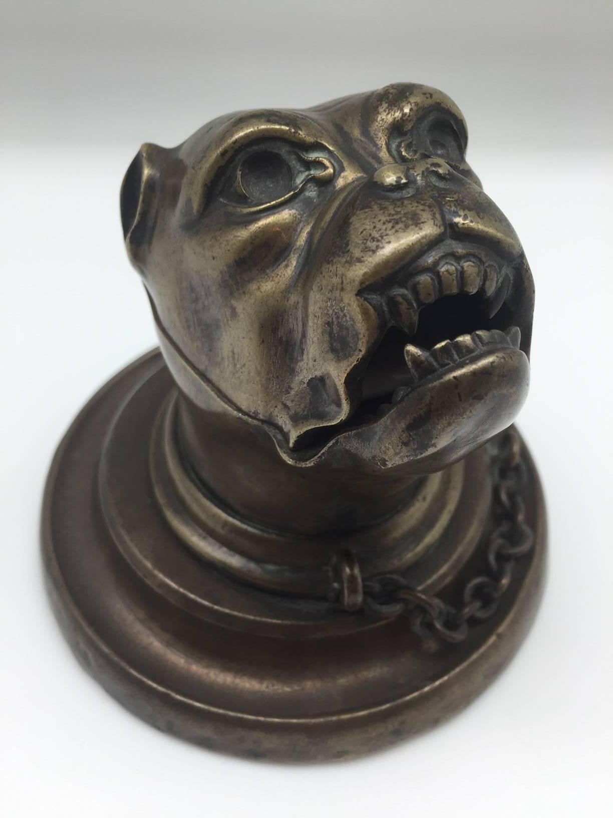 19th century bronze growling dog inkwell with collar and chain. This piece still has its original ink vessel.